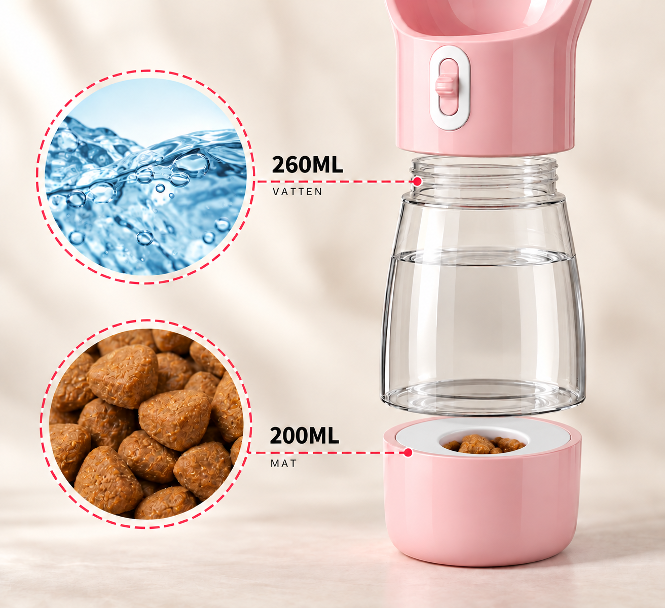 Rosa Woofly-flaska med 258 ml vatten och 200 g mat